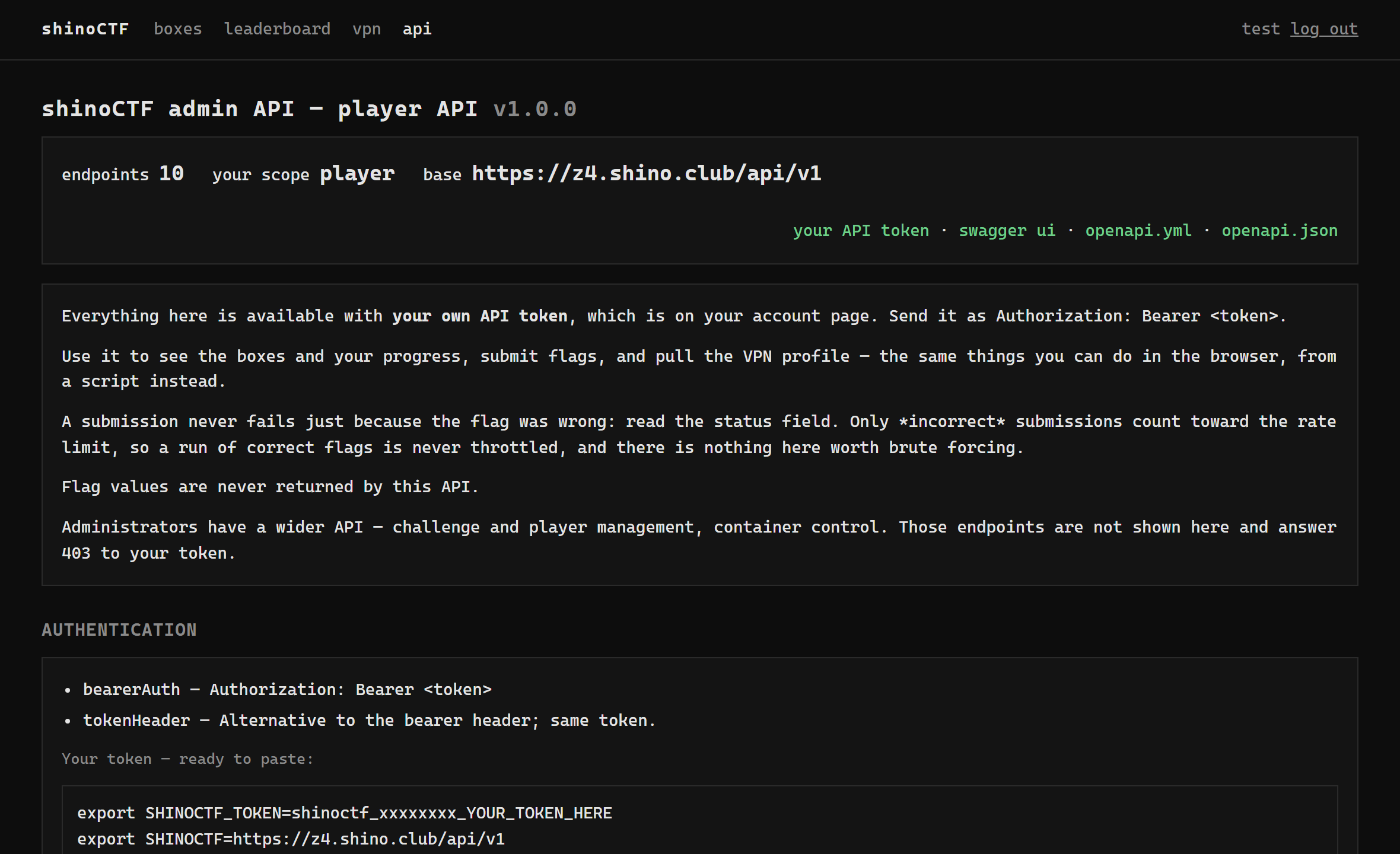 API ドキュメントページ。ベースURL、認証方式、エンドポイント一覧が載っている